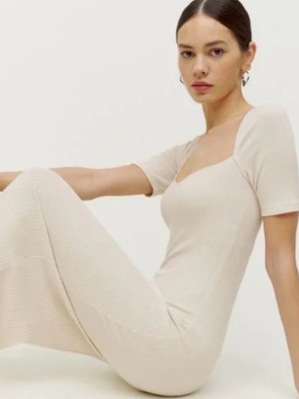 Reformation Women’s Koda Knit Dress Cream Size Small Ribbed Sweetheart Neckline